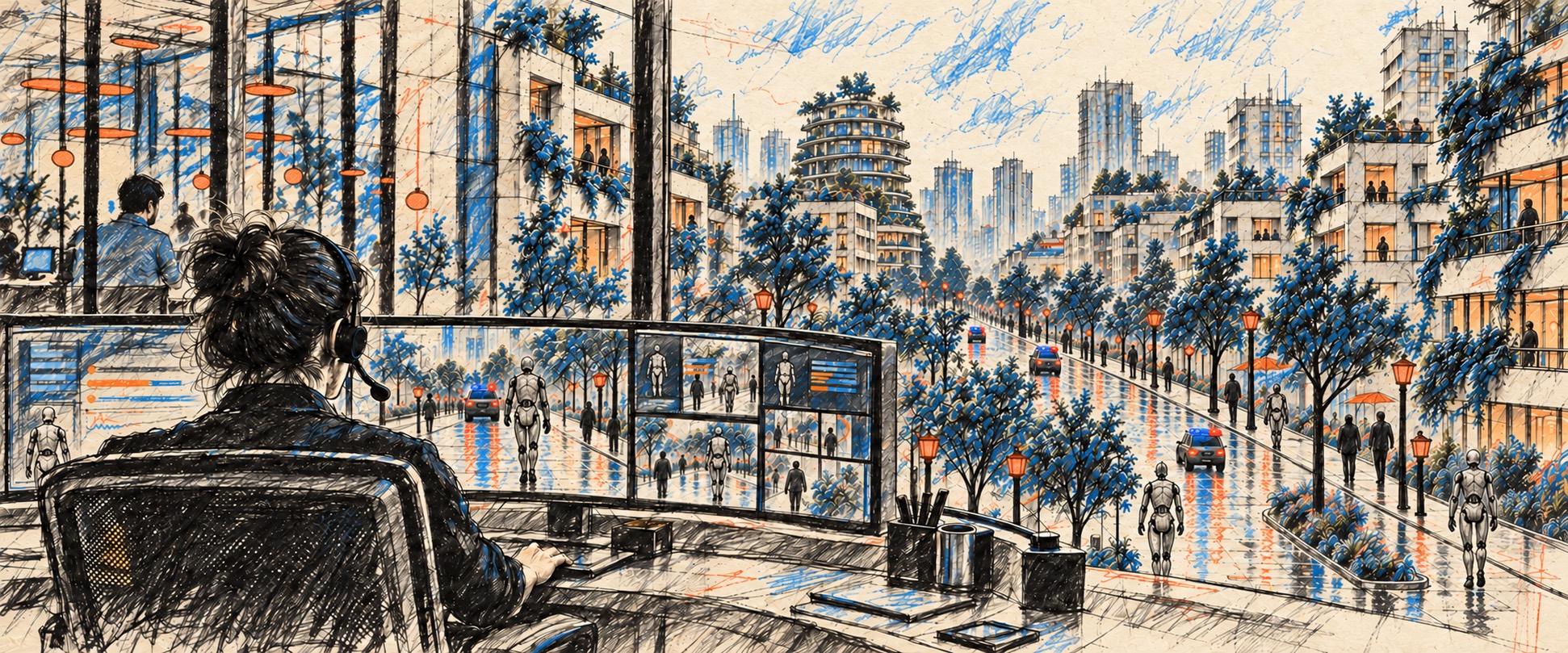 Ilustração em grafite, azul e laranja: de um posto de controle, uma pessoa observa uma avenida arborizada com humanos e humanoides após a chuva.